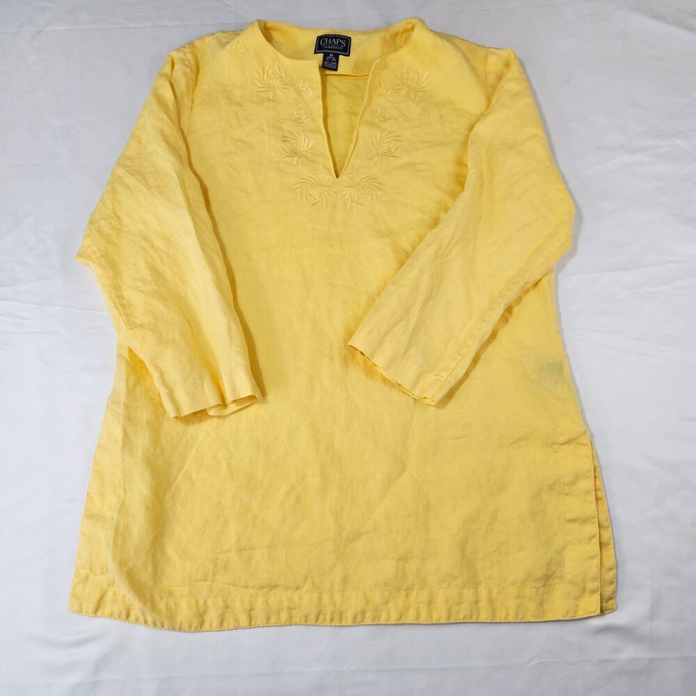 Chaps Classics Linen Top Women Medium Yellow Split Neck Tunic Blouse